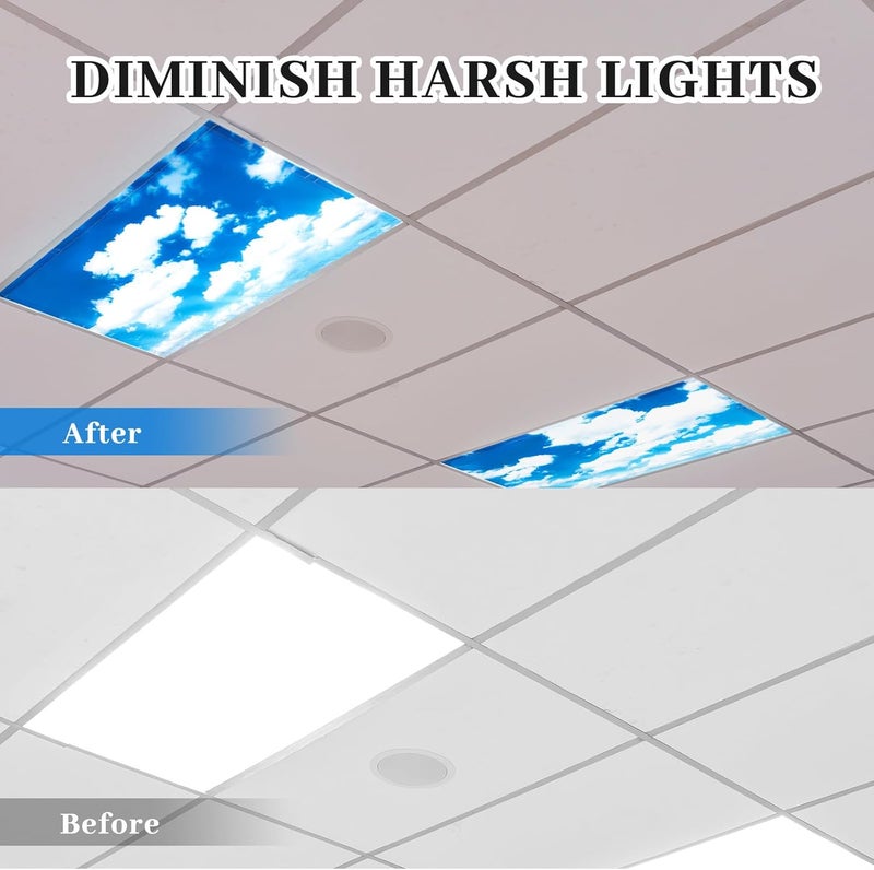 ROCEEI Pack of 4 Fluorescent Light Covers for Ceiling Lights, 4 x 2 Ft, Magnetic Light Covers for Classroom Office Home School Ceiling Decor(Blue Sky White Clouds) - Image 2